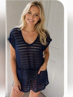 Calvin Klein Navy Crochet  Swim Coverup Tunic XL
